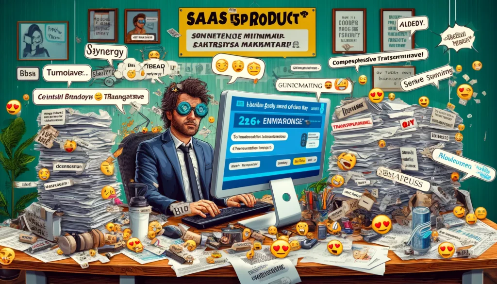 A chaotic, cluttered office scene of a B2B SaaS product marketer. The marketer is sitting at a desk with a disheveled appearance, surrounded by stacks